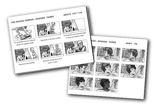 A selection of storyboard pages from Episode 3 of The Macra Terror. Artist - Adrian Salmon.